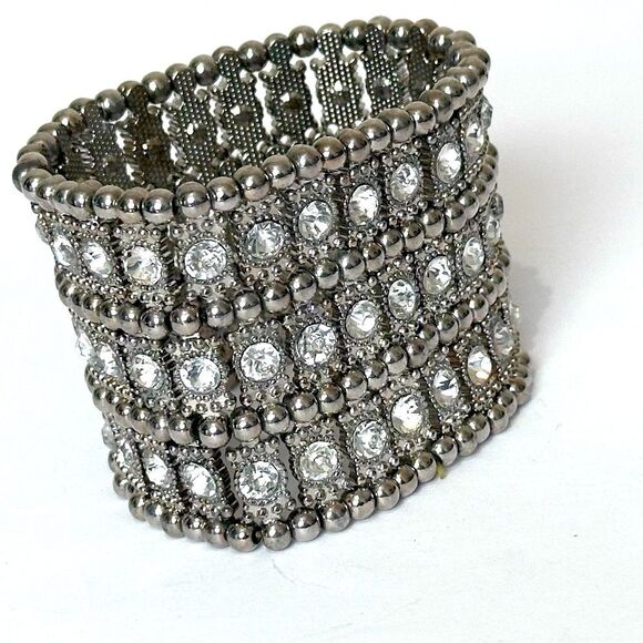 Chico's Jewelry - Chico's Silver Wide Stretch Bracelet with Textured Design and Sparkling Crystals